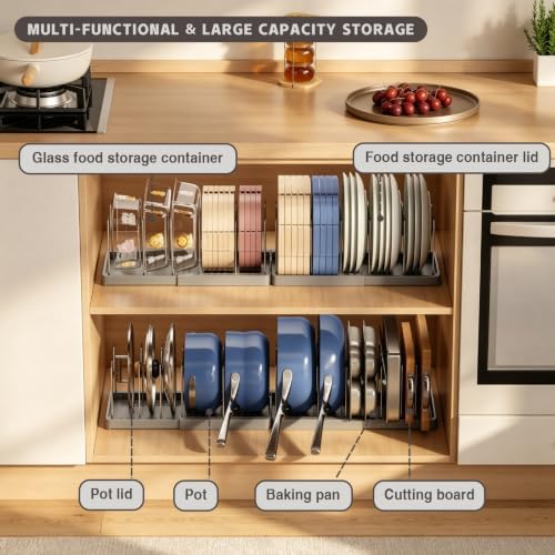 Magheo 2 Pack Expandable Food Storage Container Lid Organizers, 31.3" Pots and Pans Organizer Under Cabinet with 12 Adjustable Dividers Pot and Pan Lid Holders Rack Inside Cabinet(Gray)