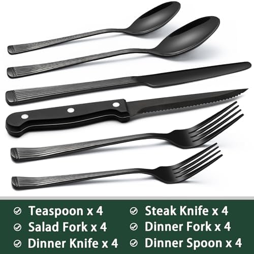 EWFEN 24-Piece Black Silverware Set with Steak Knives, Black Flatware Set for 4, Food-Grade Stainless Steel Tableware Cutlery Set, Mirror Finished Utensil Sets for Home Restaurant, Roman Column