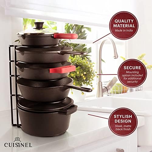 Cuisinel Pan Organizer for Cast Iron, XL 5-Tier Rack, Matte Black 15.9"