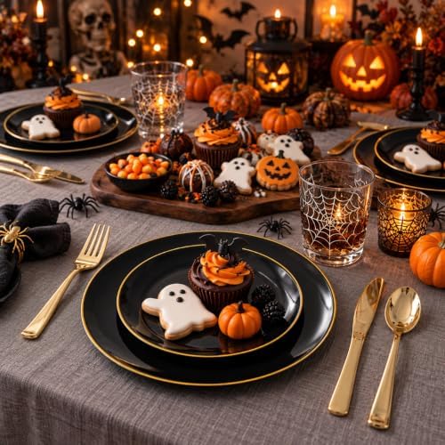 KIRE 100PCS Black and Gold Plates - Black Plastic Plates Disposable with Gold Rim Include 50Pcs 10.25inch Dinner Plate and 50Pcs 7.5inch Dessert/Salad Plate for Party/Wedding/Halloween/New Year