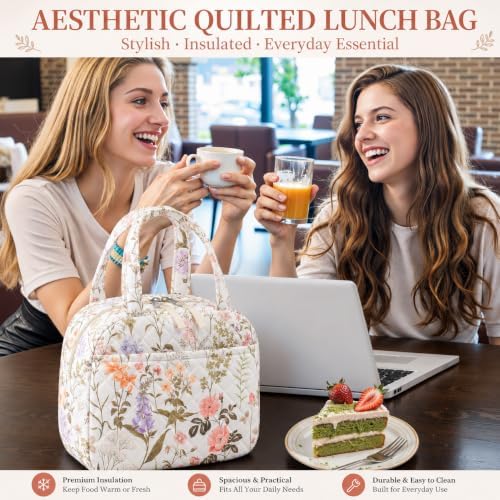 WOBAGMEN Quilted Lunch Box for Women,Coquette Aesthetic Lunch Box for Teen Girls,Cute Floral Lunch Bags for Work, School,Office,Picnic,Travel (Dewy Morning Garden)
