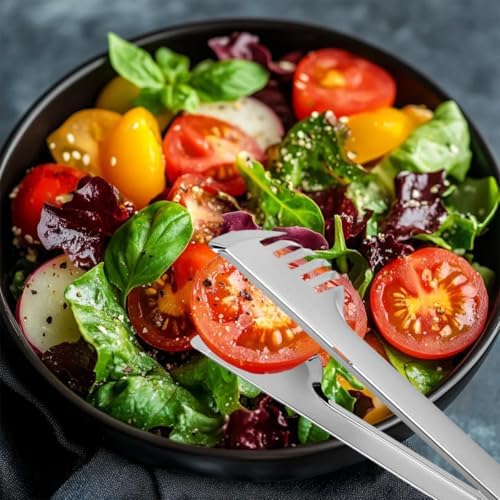 2-Pack Stainless Steel Sliver Salad Tongs, Non-slip & Easy Grip Smart Locking Clip Handy Utensil for Cooking, Serving, Barbecue, Buffet, Salad, Ice, Oven (9.5 Inch)