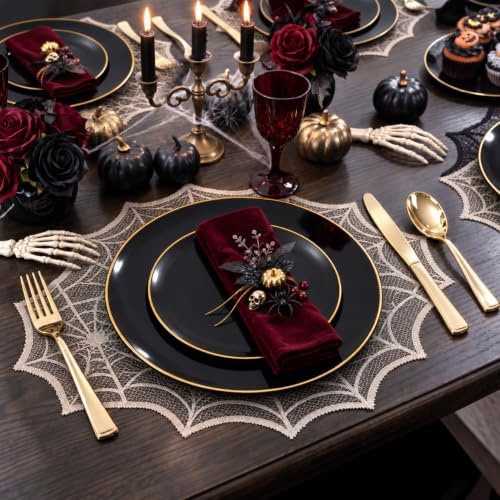 KIRE 200Pcs Black Plastic Plates - Black and Gold Plates Disposable for Party - Include 100 for Dinner and 100 for Dessert for Birthday/Wedding/Halloween