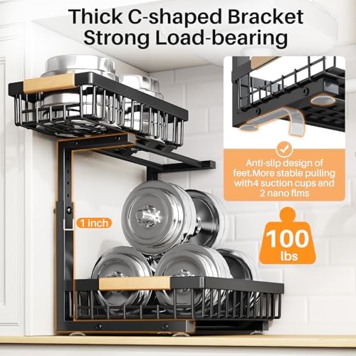 PXRACK Under Sink Organizer, Adjustable Height, 2 Tier Pull Out Under Cabinet Organizer, Slide Out Thickened Metal Under Sink Storage for Kitchen Bathroom Laundry Pantry Cabinet, Black, Small-2-Pack