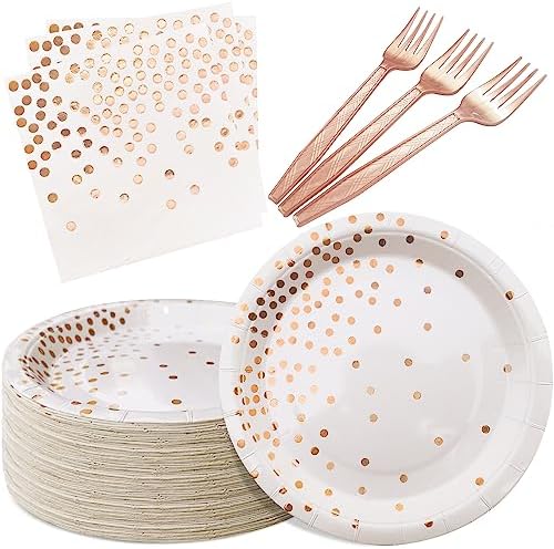 Serves 35 Guests White and Rose Gold Paper Plates Napkins Party Supplies