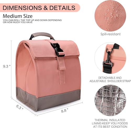 SUNNY BIRD Insulated Lunch Bag Rolltop Lunch Box (Pink with pink shoulder strap)