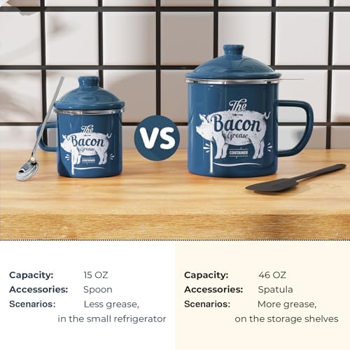 Bacon Grease Container with Strainer-15OZ Enamel Saver, Dishwasher Safe
