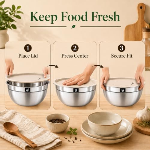 8PCS Stainless Steel Mixing Bowls with Lids - 5PCS Nesting Bowls, 3 Grater Attachments for 4.0 QT Bowl, Stainless Steel Mixing Bowls for Mixing & Serving, Size 1.5/2.1/3.5/4/4.5 QT, Khaki
