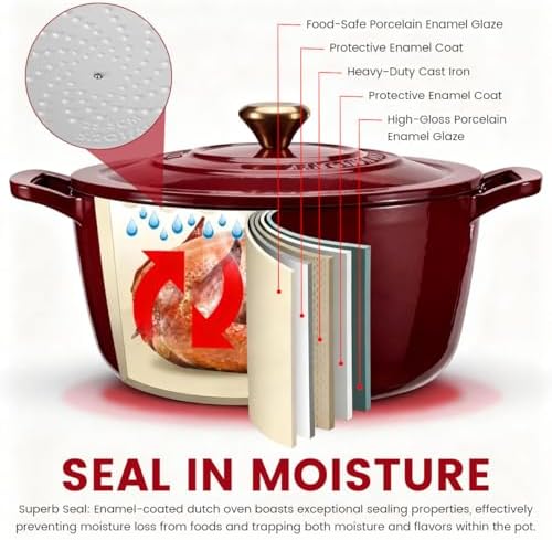 Enameled Cast Iron Dutch Oven 5.2 Qt with Lid, Red