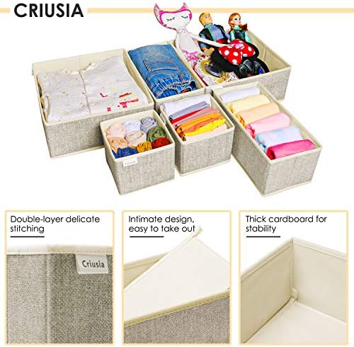 Criusia Underwear Drawer Organizer, 6 Set Foldable Underwear Drawer Organizer and Closet Dividers,Storage Box for Clothes, Socks, Underwear (6 Bins, Beige)
