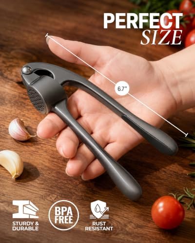 Zulay Kitchen Premium Garlic Press Set - Rust Proof Professional Garlic Mincer Tool - Easy-Squeeze, Easy-Clean with Soft, Ergonomic Handle - Silicone Garlic Peeler & Brush-Dark Gray