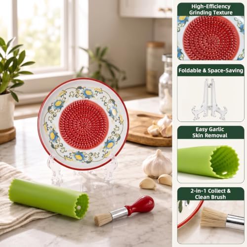 Ceramic Garlic Grater Plate Set – Hand-Painted Floral 4-Piece Set with Silicone Peeler, Cleaning Brush & Display Stand – Porcelain Grater Dish for Garlic & Ginger(Red)