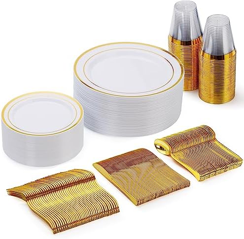 Goodluck 150 Pieces Gold Disposable Plates for 25 Guests