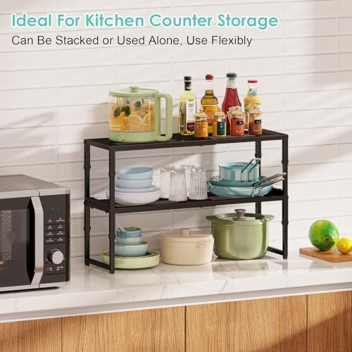 2 Pack Expandable Kitchen Cabinet Shelf Organizer, 15.5"-25.5" Long Adjustable Storage Shelves Organizers for Kitchen Countertop Pantry Cupboard Table Desk Counter, Stackable, 30LBS Load Capacity