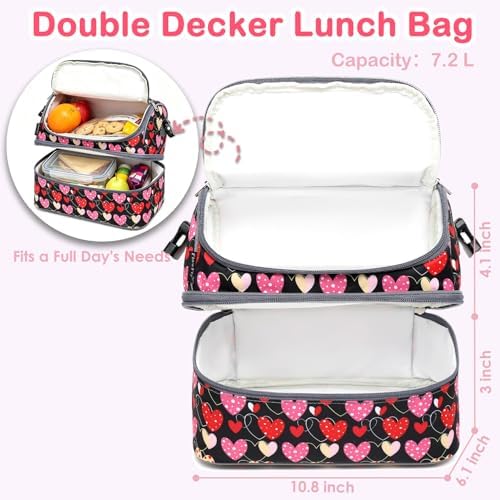 FlowFly Double Decker Cooler Insulated Lunch Bag Large Tote for Boys, Girls, Men, Women, With Adjustable Strap,Heart