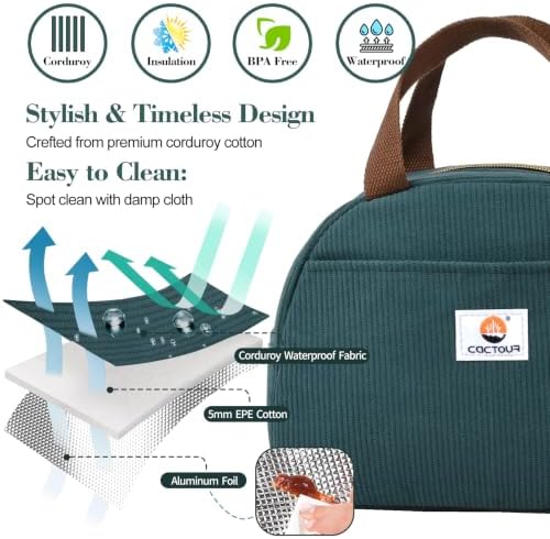 CaCTOUR Large Lunch Box for Women, Cute Lunch Box Cooler Bag, Portable Insulated LunchBox Reusable Corduroy Lunch Tote for Work/Travel/Picnic (Lake Green)