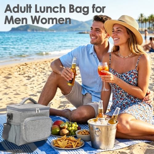 FlowFly Insulated Reusable Lunch Bag Adult Large Lunch Box for Women and Men with Adjustable Shoulder Strap,Front Zipper Pocket and Dual Large Mesh Side Pockets,Grey