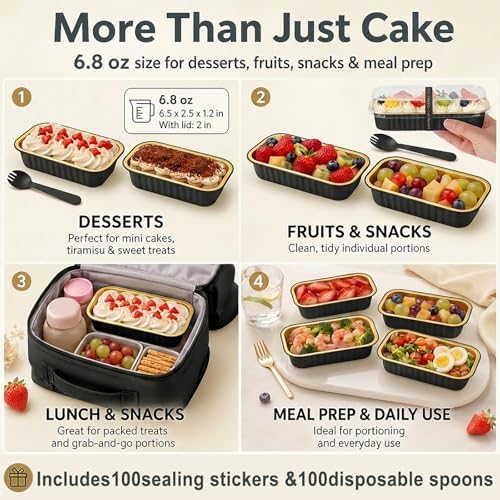 YQER 100 Pack Black Mini Cake Pans with Lids and Spoons, 6.8 oz Disposable Aluminum Foil Mini Loaf Pans with Stickers, Elegant Dessert Cake Tins Containers for Wedding, Parties, Bake Sales and Gifts