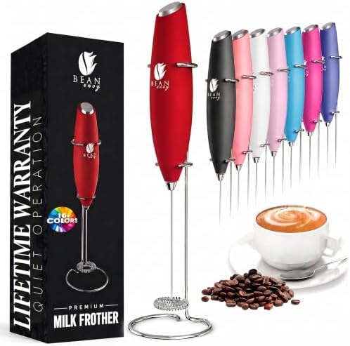 Bean Envy Milk Frother Handheld - Coffee Mixer Wand with Stand - Red