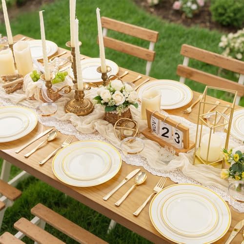 WELLIFE 350PCS Ivory Plastic Plates for 50 Guests -Thanksgiving Plates,Thanksgiving Decorations,Disposable Plate for Party and Wedding