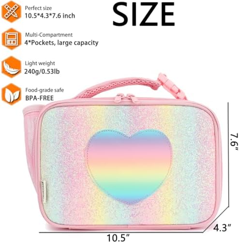 GYEUKHAM Insulated Lunch Box for School, Thermal Reusable Durable Freezable Lunch Bags for Kids Boys Girls Men Women - Small Soft Cooler Portable Lunch Tote Kit for Work Picnic Travel,Rainbow Glitter