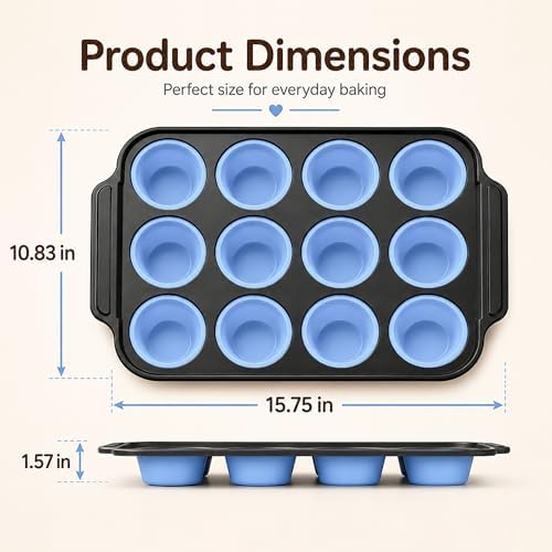 Silicone Muffin Pans for Baking, 12-Cup Muffin Tin with Metal Frame