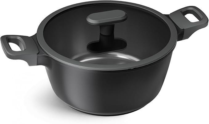 PRICUSIS Nonstick Stock Pot with Silicone Rim Tempered Glass Lid, 4.5/7 QT Soup Pot Casserole, Cooking Pot, Induction Compatible, Dishwasher Safe, Ideal for Pasta & Stews, PTFE PFOA Free, Black Sesame