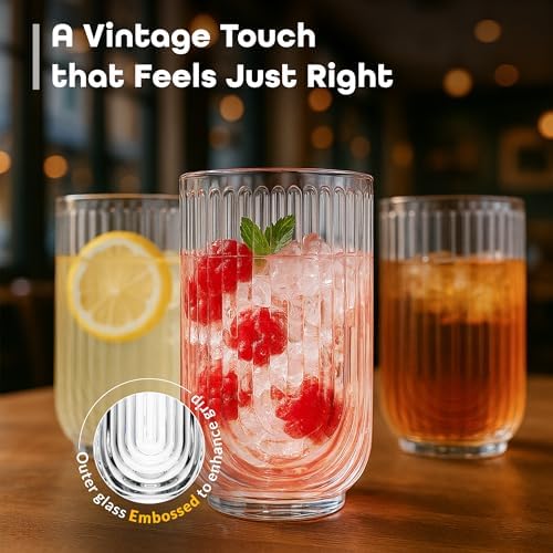 Glaver's Vintage Glassware Art Deco Glasse Ribbed Drinking Glasses U-Shape Arch Design Colored Cocktail Kitchen Tumblers Everyday Dinner Decorative Party (Clear S/4 17oz)