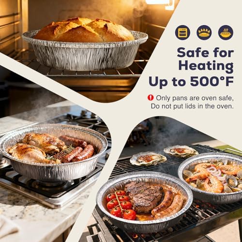 Fit Meal Prep 50 Pack 8” Round Aluminum Foil Pans with Lids, 8 inch Take Out Containers with Cardboard Covers for Freshness, Heavy Duty Disposable Baking Pie Pan for Cooking, Freezer & Oven Safe
