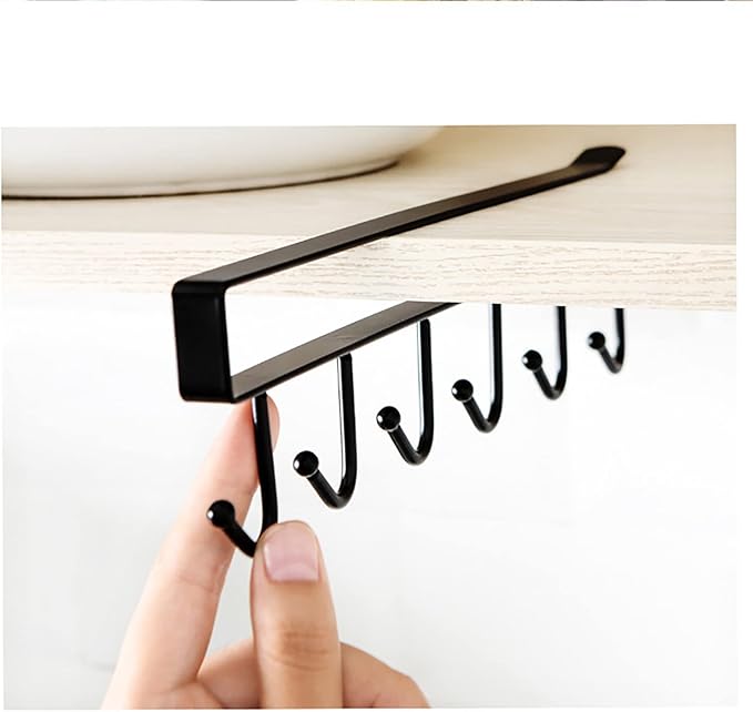 Under Cabinet Coffee Mug Holder - 6 Hooks Cups Storage Rack, Drilling Free, Kitchen Utensil Hanging Hooks Rack 2 Pack (White 2pcs)