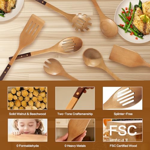 Wooden Spoons Set 7-Piece, Two-Tone Walnut & Beech Utensils, Elegant Non-Stick Kitchen Tools, Heat Resistant Cooking Gift Set with Pasta Spoon & Skimmer