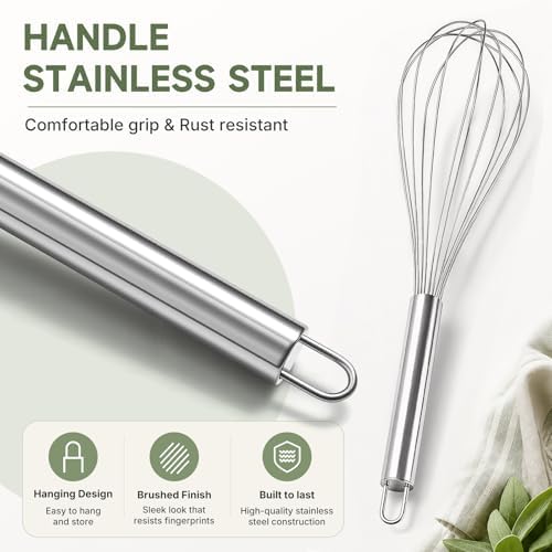 3 Pack Stainless Steel Balloon Whisk Set, 8/10/12 Inch Manual Egg Beater, Multipurpose Kitchen Wire Whisk for Baking, Cooking, Blending & Stirring