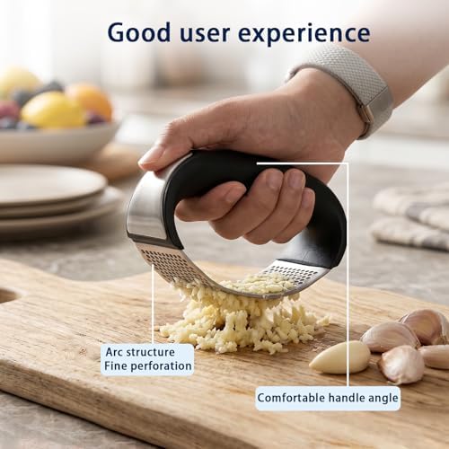 Garlic Press Rocker Set – Stainless Steel Garlic Crusher, Mincer with Peeler & Scraper, Quick & Easy Garlic Smashing