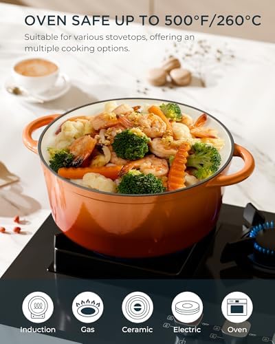 Enameled Cast Iron Dutch Oven - 6QT Dutch Oven Pot with Lid & Cotton Potholders - Heavy-Duty Non Stick Casserole Pot for Braising, Stews, Roasting, Baking, Suitable for All Stovetops, Vibrant Orange