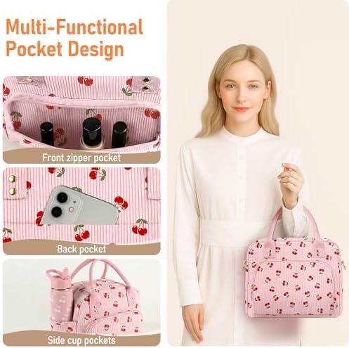 Lunch Bag Large Insulated Lunch Box for Women Adult Cute Pink Strawberry Lunchbox Corduroy Lunch Bags Boxes Pail with Shoulder Strap for Work Mom Picnic Office Travel 11.4×6.8×9.1 inches 11.5L