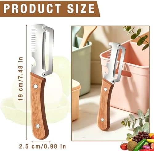 2Pcs Multifunctional Vegetable Peeler,Zero Snag Wooden Peeler,Zero Snag Wooden Kitchen Tool with Grater Bottle Opener,3 in 1 Kitchen Gadgets Stainless Steel Peelers for Pumpkin Potato Carrot Apple