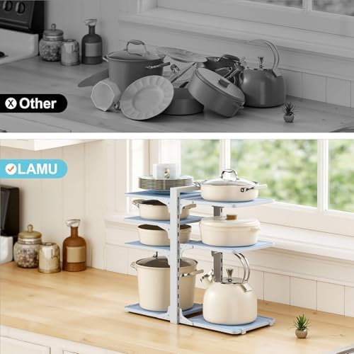 LAMU Pots and Pans Organizer under Cabinet, 8 Tier Heavy Duty Pan Organizers inside Cabinet, Adjustable Pot Rack for Small Kitchen Storage, 15" Height Holds Cast Iron Pans and Skillets White