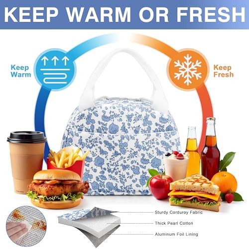 TESAFNG Lunch Bag - Insulated Lunch Box for Women, Reusable Large Capacity Cooler Bag for Adult, Small Leakproof Cute Corduroy Lunch Tote for Work Office Travel Picnic (Corduroy Light Blue-Flower)