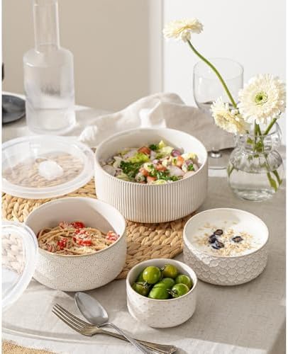 Serving Bowls with Lids, Ceramic Mixing Bowls Set of 4, Off-White