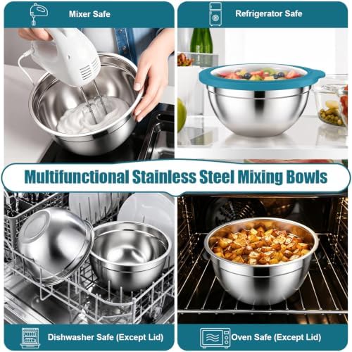 P&P CHEF Stainless Steel Mixing Bowls with Visible Airtight Lids, Blue