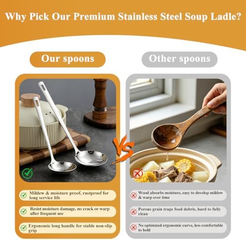 Kyraton 2 Piece Soup Ladle Set, 11.8" Large & 9.6" Small Stainless Steel Ladles, One-Piece Ergonomic Cooking Spoons, Dishwasher Safe Heavy Duty Serving Utensils for Home Kitchen Soup Sauce Noodle