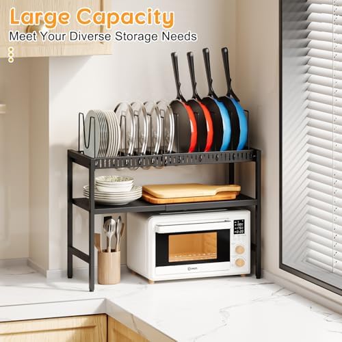 2-Tier Pots and Pans Organizer Under Cabinet,Expandable Pots Lid Organizers Inside Cabinet,Adjustable Metal Storage Shelves Organizer Rack with 10 Dividers For Kitchen Pantry Organization and Storage