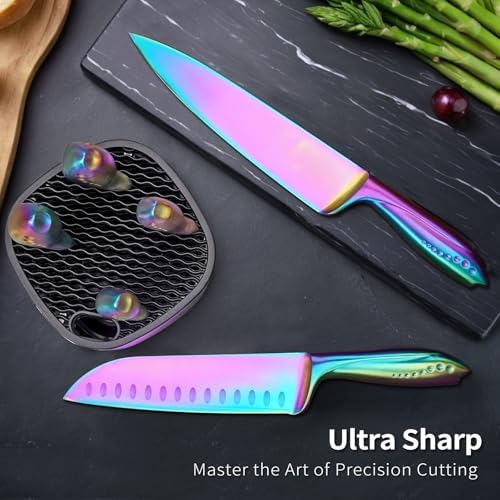 WELLSTAR Rainbow Knife Set - 7-Piece Iridescent German High-Carbon Stainless Steel Kitchen Knives with Universal Knife Block, Colorful Kitchen Cutlery for Cooking and Food Prep