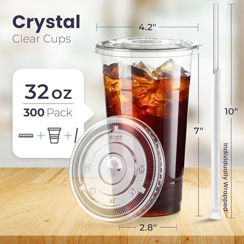 Fit Meal Prep 300 Pack 32 oz Plastic Iced Coffee Cups with Flat Lids and Clear Straws, Disposable Clear Cup, BPA Free Cup for Party, Smoothie, Cold Drinks, Juice, Milkshake, Bubble Boba, Tea