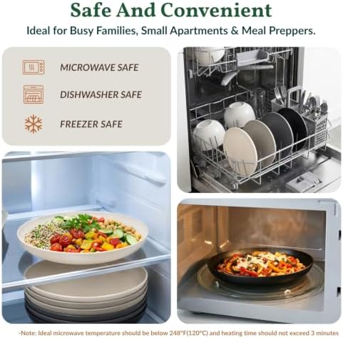 Homienly Wheat Straw Plates Set of 8, Reusable Lightweight and Unbreakable 9 inch Plates, Premium Microwave and Dishwasher Safe Plates for Kitchen, Camping, Picnic, Party - GreyStone
