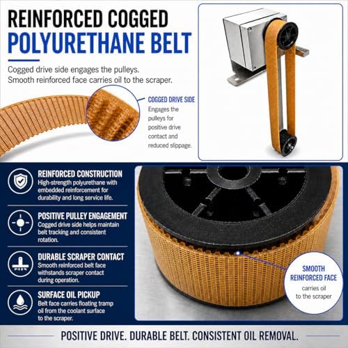 R.S. Belt Oil Skimmer, Mechanical Tramp Oil Removal for CNC Coolant Tanks, Machine Sumps, Parts Washers and Industrial Fluid Tanks (8" Reach - With Switch)