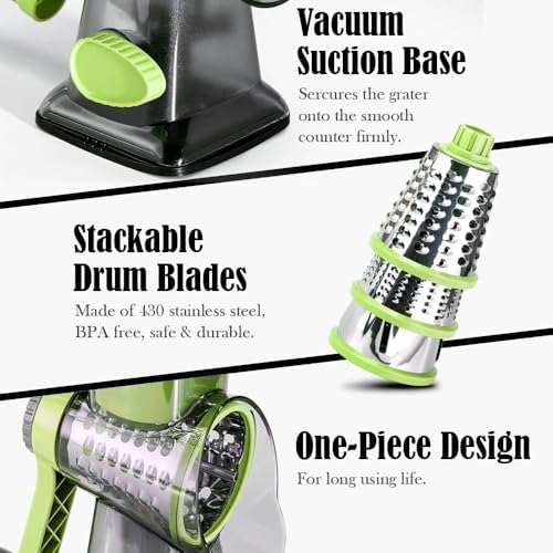 Badelite Cheese Grater Hand Crank Rotating Cheese Shredder Stainless Steel Vegetable Slicer Grater for Kitchen 3 Blades for Cheese, Carrot, Cucumber, Nuts, Chocolate, Green