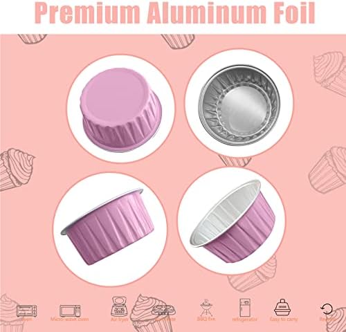 100Pcs Aluminum Cups with Lids,5oz Disposable Ramekin Baking Cups Muffin Liners Mini Pie Pans Foil Cupcake Containers for Christmas Party Wedding,Pink
