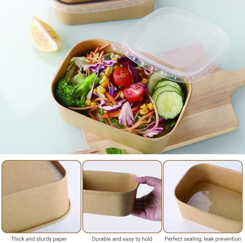 50 Sets 25oz Disposable Kraft Paper Bowls with Lids, Rectangle