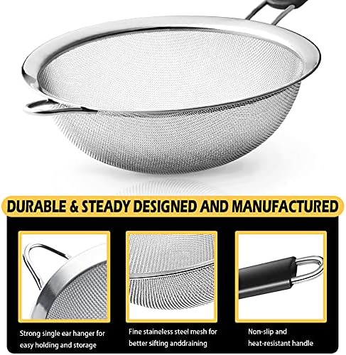Stainless Steel Fine Mesh Strainers, Set of 3 Sizes Strainer for Kitchen, Wire Sieve with Insulated Handle Kitchen Strainer, Baking Tools Colander, Food Preparation, Flour Sifter, Rice, Pasta Strainer
